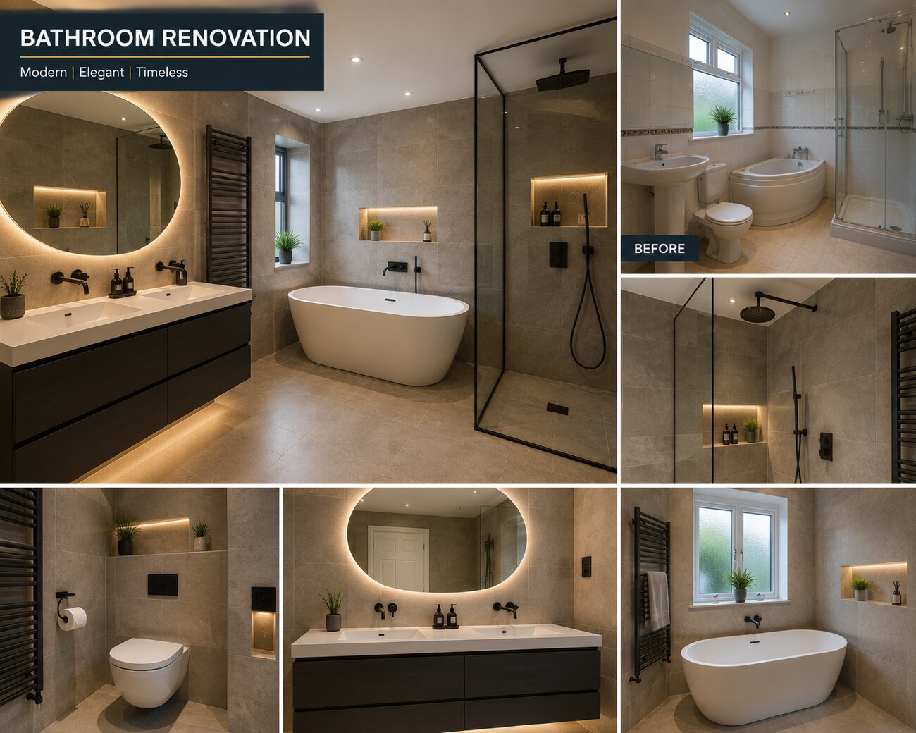 Luxury bathroom renovation with freestanding bath and walk-in shower