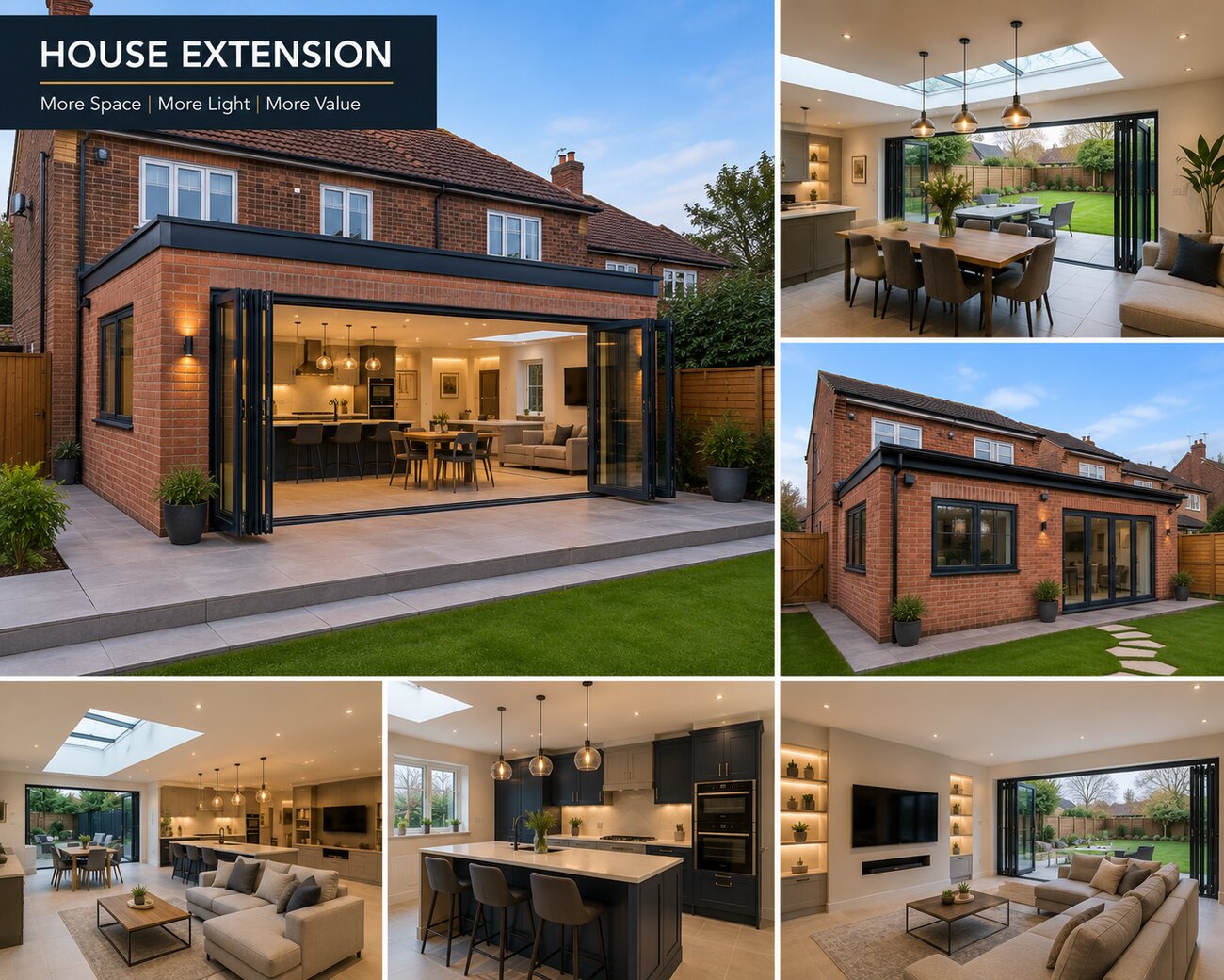 Completed house extension with bi-fold doors and open-plan kitchen
